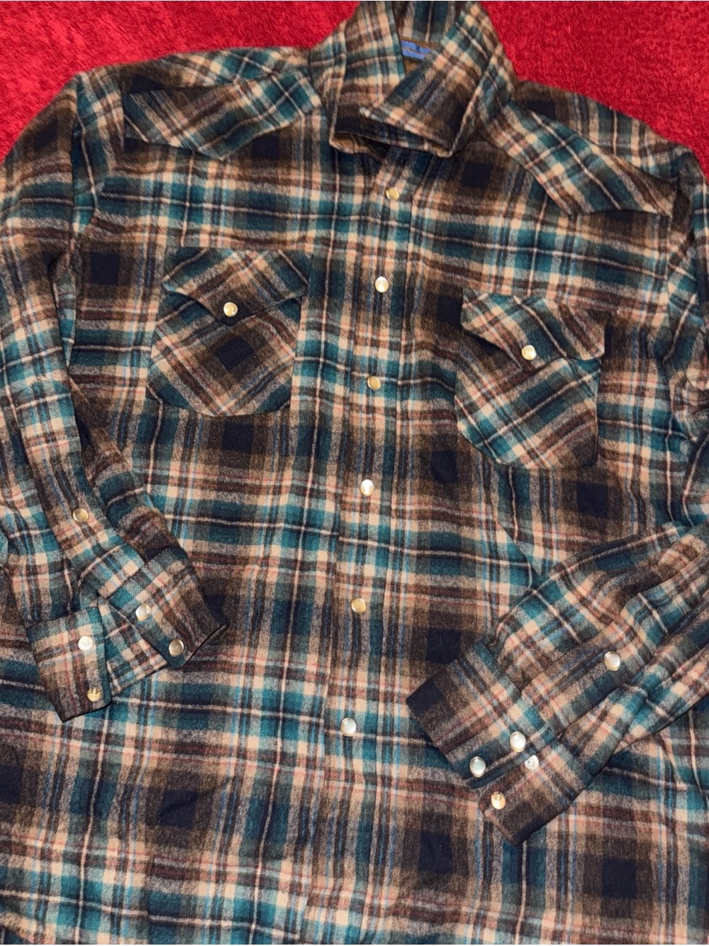 Pendleton Teal and Brown Plaid Button-Up Shirt